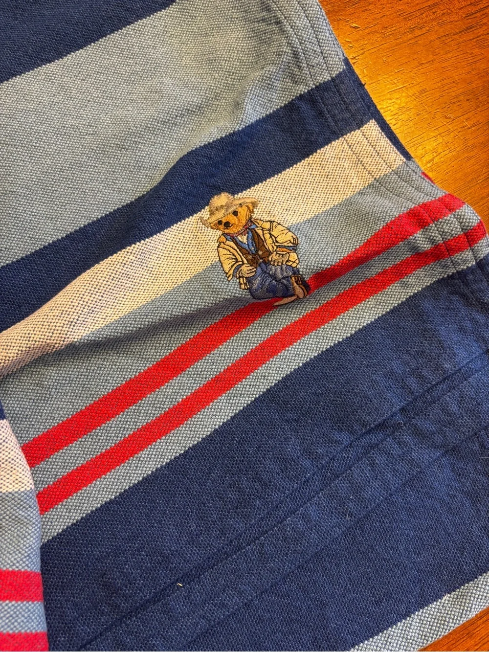Polo Striped Blue & Red throw blanket with Embroidered Bear